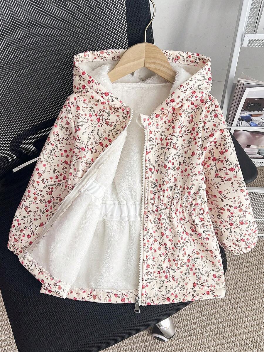 Genkimix Kids 女童新款冬季加厚羽绒服,拉链连帽,杏色碎花图案,保暖内衬,收腰设计,带口袋,休闲百搭冬季外套 - 粉色 - 查看 1