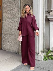 Jeta Ari 2 件套女士混纺侧开衩宽松衬衫和高腰阔腿裤优雅商务休闲女装 - 酒紅色 - 查看 4