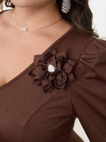 Modelyn Plus Size Women Elegant 3D Floral V-Neck Dress - Coffee Brown - View 7