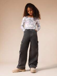 SUMWON Quần jeans ống rộng rách cho bé gái tuổi teen - Quần denim ống rộng cổ điển giặt sạch có chi tiết rách - màu đen - Xem 3