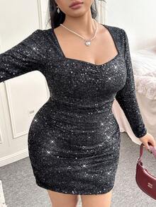 SHEIN EZwear Váy dạ hội dài tay nhún bèo cỡ lớn thu/đông - màu đen - Xem 10