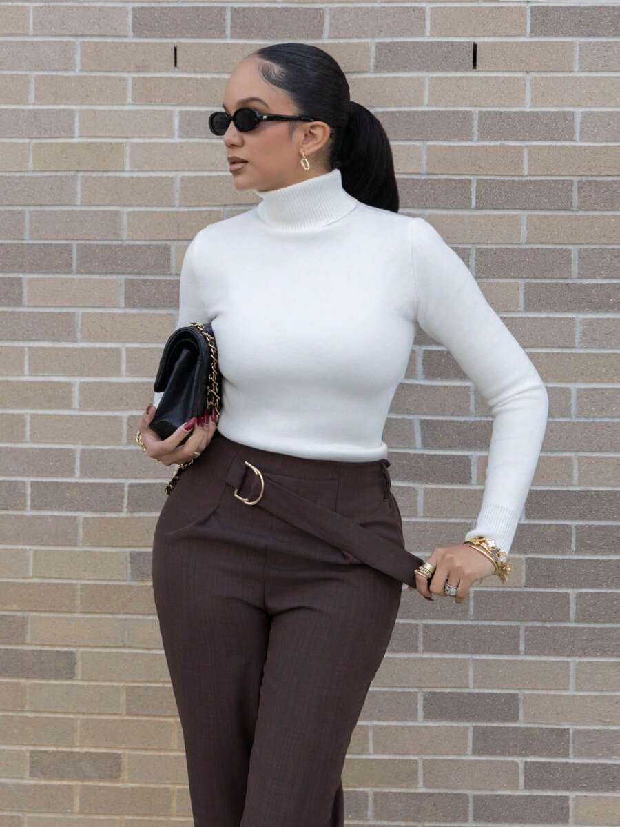 Melissa Matos Áo len giữ nhiệt cổ cao lót lông vừa vặn, áo ấm nhiều lớp cho mùa thu/đông - trắng - Xem 1