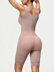 SHAPORA 1pc Women's Solid Color Front Button Closure Bodysuit, Fashionable Sleeveless Shapewear - Dusty Pink - View 7