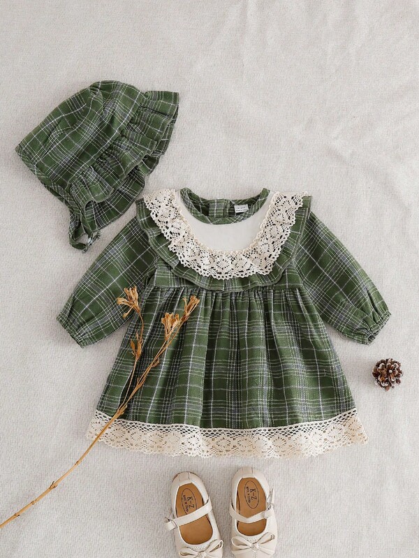 SHEIN Baby Girls' Plaid Patchwork Solid Color Layered Ruffle Hem Long Sleeve Princess Dress, Autumn/Winter