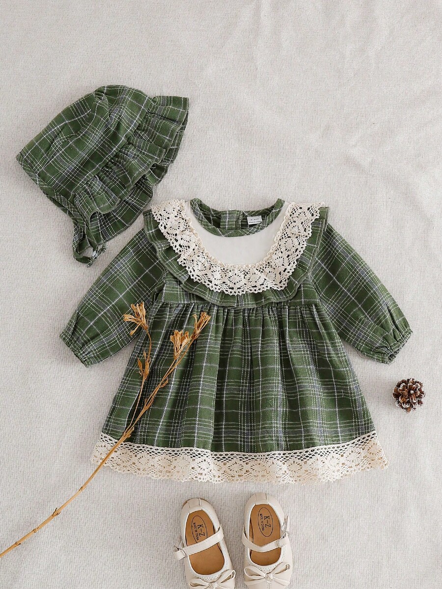 SHEIN 女婴格子拼接纯色荷叶边长袖公主裙,秋冬款 - 綠色 - 查看 1