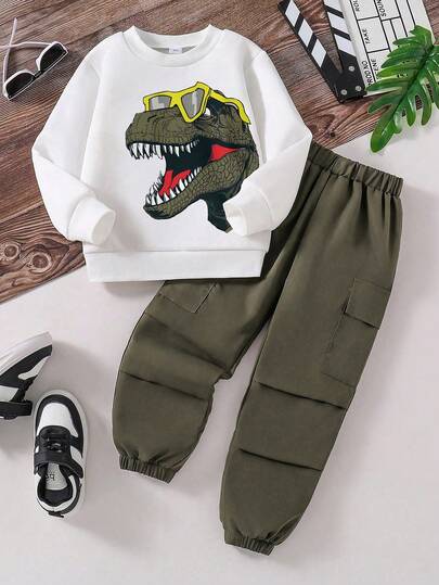 2pcs/Set Young BoyWhite Dinosaur Graphic Sweatshirt And Green Cargo Pants Set, Casual Outdoor Sports Street Graffiti Stylish Comfortable Outfit, Suitable For Fall And Winter Boys Sweatpants Graphic And Shirt Boy Casual Sets Boys Casual Two Piece Set Boys Autumn Winter Casual Two Piece Set Boys Dinosaur Outfit
