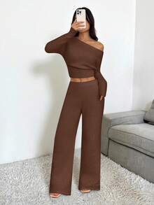 SHEIN PETITE 女士纯白色不对称肩长袖针织上衣和裤子休闲套装，适合休闲、居家和日常穿着。 - 棕色 - 查看 9