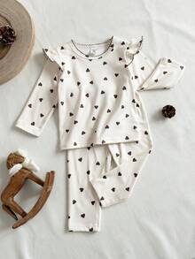 SHEIN 2pcs Baby Girl Fleece Heart Print Crew Neck Long Sleeve Top And Elastic Waist Heart Print Fleece Pants Casual Comfortable Autumn/Winter Matching Set - Apricot - View 3