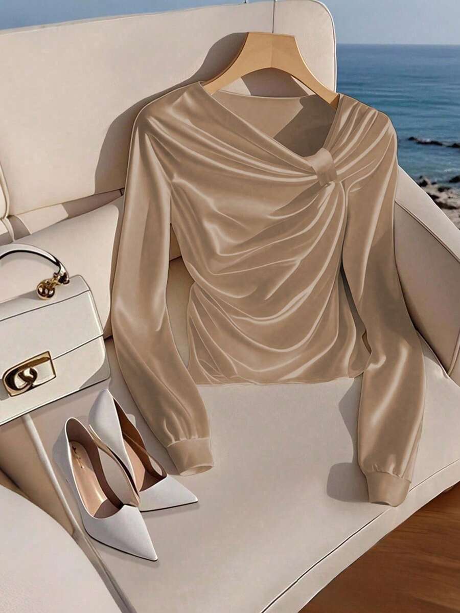 Franclia Áo sơ mi nữ cổ bất đối xứng màu trơn thường ngày, mùa xuân/thu - Rượu sâm banh - Xem 1