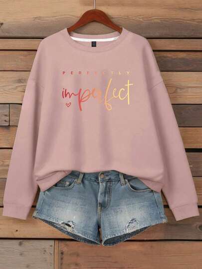 EMERY ROSE Women's Slogan Letter Print Crew Neck Long Sleeve Sweatshirt Sportswear