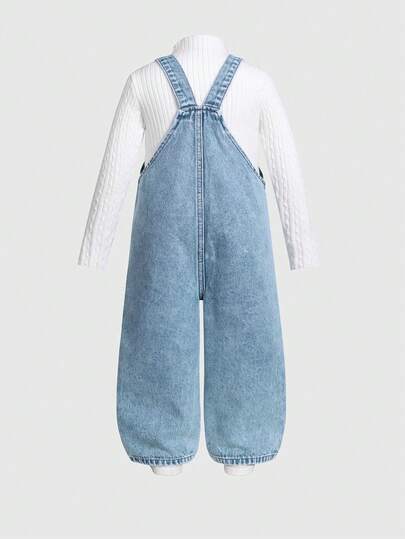 SHEIN ChillGRL 女童花卉、爱心、彩虹涂鸦印花休闲舒适柔软牛仔连体裤向日葵女童套装浅蓝色亲子装