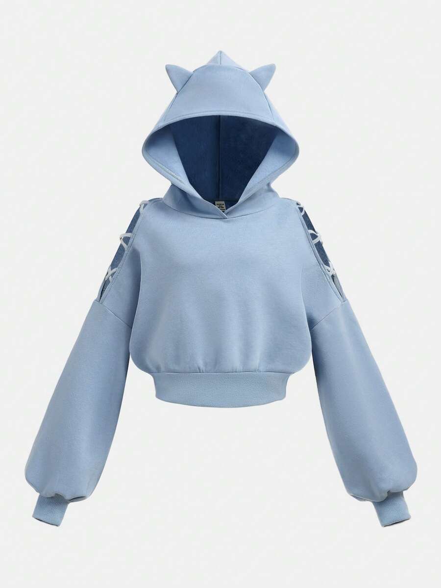 SHEIN Girlism 少女交叉露肩卫衣，带耳朵装饰，秋冬保暖内衬女童服装 - 霧霾藍 - 查看 1