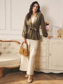 Omancia Chaqueta/abrigo de mujer de pana con textura, elegante y de moda, de punto, para otoño/invierno - Caqui - Ver 6