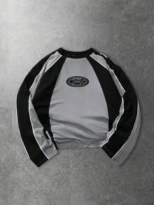 ROMWE MEN Prep تي شيرت بأكمام طويلة بطباعة نص إنجليزي، طراز الشارع الكاجوال للاستخدام اليومي