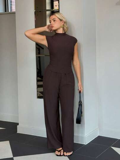 Bethéva 2pcs Women Summer Solid Color Stand Collar Pleated Blouse And Pants Set, Casual Women S Clothes Workout Clothes Women Women Summer Clothing Woman S Summer Clothes Casual Sets For Women Brown Two Piece Set Women Two Piece Pants Set Women Casual Two Piece Set Comfortable Two Piece Set Brown Pants Set Women Brown Jumpsuit Pants Two Piece Set