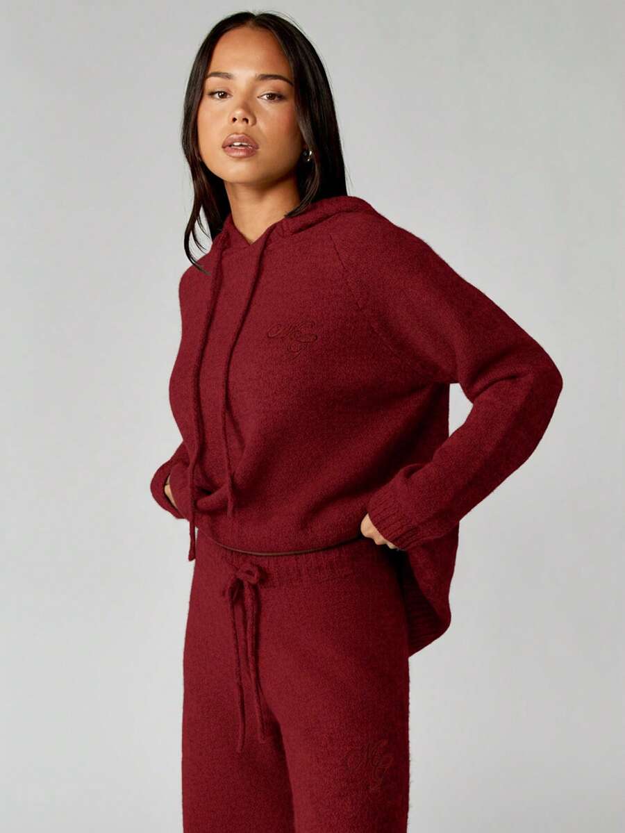 MISSGUIDED Knitted Oversized Hoodie Sweater With Logo Embroidery For Cozy Winter Layering Christmas - Burgundy - View 1