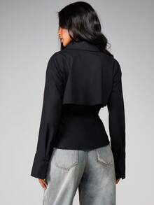 MISSGUIDED Double Layer Button Front Collared Long Sleeve Blouse With Overlay Cape Detail - Black - View 2