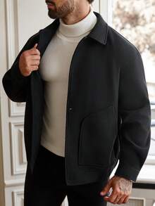 Manfinity Homme Plus Size Men's Long Sleeve Casual Solid Color Simple Button Overcoat, Autumn - Black - View 7