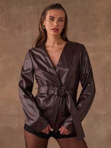 SHEIN BAE Women's Elegant Dark Brown PU Leather Jacket,Autumn Long-Sleeve V-Neck Belted Solid-Color Fashion Jacket For Night Out - Coffee Brown - View 6