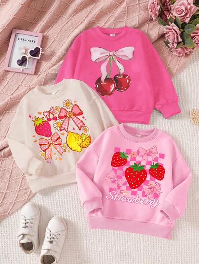 3件套少女舒适休闲草莓樱桃蝴蝶结装饰印花短款卫衣，适合秋冬季穿着
