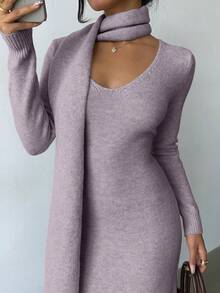 Elenzga Váy len cổ chữ V màu mơ nhạt thanh lịch, đơn giản, thoải mái, phong cách cổ điển kèm khăn tua rua, thích hợp mặc khi đi làm và đi chơi vào mùa thu/đông - Màu tím - Xem 6