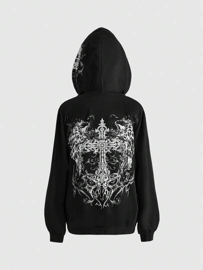 Grunge Punk Y2K Punk Chic Cross & Wing Print Hooded Fitted Sweatshirt Sweatshirt For Women