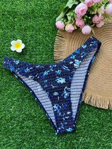Swim Vcay Summer Beach Floral Random Print Smocked Bikini Panty - Multicolor - View 5