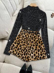 SHEIN Clasi Set da 2 pezzi da donna taglie forti, top a collo alto con paillettes nere e glitter, abbinato a gonna-pantaloncino in stampa leopardata a vita alta, adatto per feste, vacanze e uso quotidiano - Multicolore - Visualizzare 2