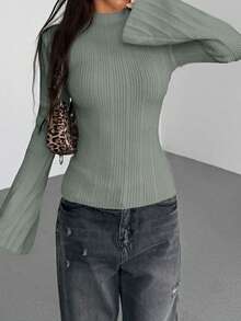 SHEIN Unity Áo len tay loe màu trơn thời trang đa năng dành cho nữ - Màu Xám nhạt - Xem 6