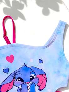 Cute Heart & Stitch Print Hollow Out One-Piece Swimsuit For Young Girl, Pool/Beach/Party Pink And Blue Kids Bathing Suit One Piece Bathing Suit Kidd Stitch Swimsuit For Girl - Blue - View 4