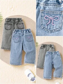 SHEIN Quần jeans denim đơn giản cho bé gái, túi thêu hình bướm, cạp chun, màu xanh đa năng + đen đã giặt, chất liệu denim mềm mại, thoải mái, thời trang không thể thiếu - Nhiều màu - Xem 5