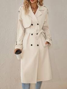 SHEIN Clasi Women's Solid Color Distressed Collar Long Sleeve Casual Long Windbreaker In Fall/Winter