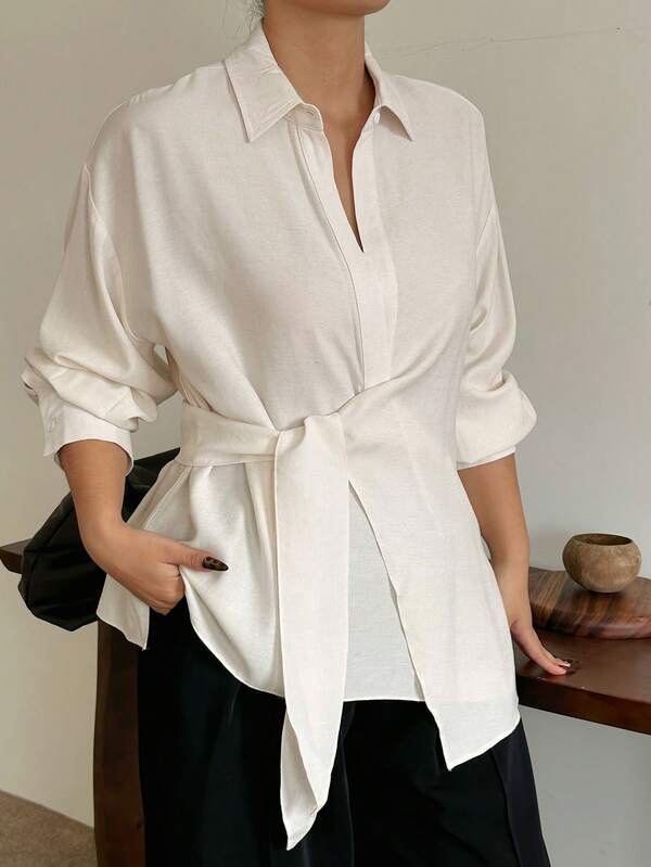 Dazy Plus Plus Size Women White Long Sleeve Shirt With Turndown Collar, Half-Open Front, Drawstring Hem, Spring/Autumn