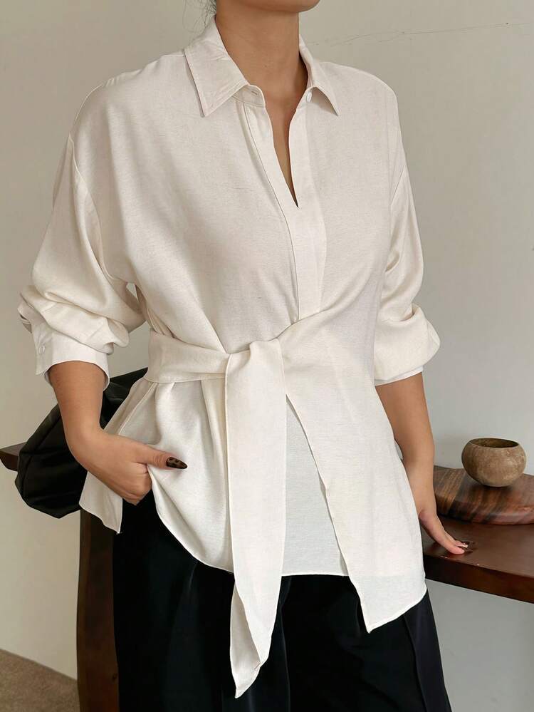 Plus Size Women White Long Sleeve Shirt With Turndown Collar, Half-Open Front, Drawstring Hem, Spring/Autumn