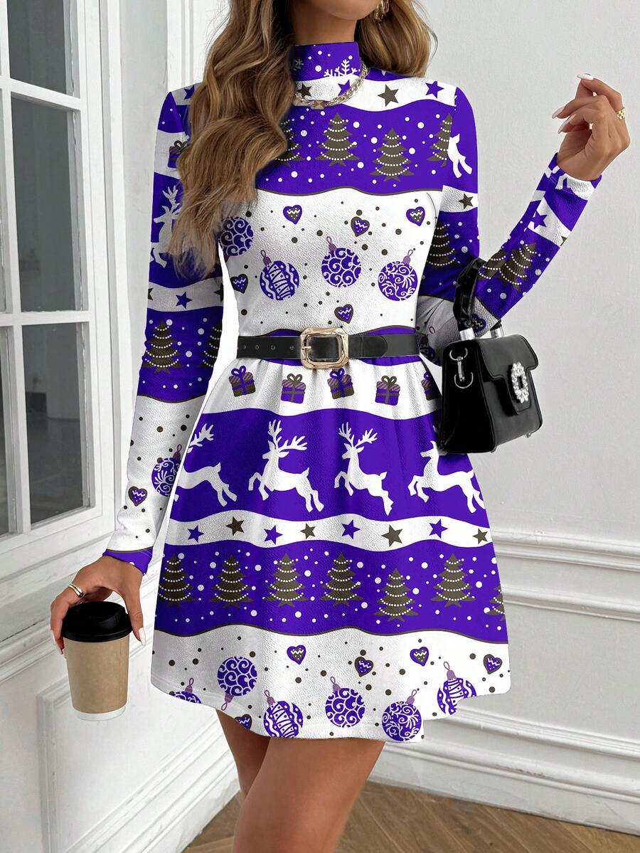 Glamance Polina Brazil Christmas Striped Navy Blue New Year's Eve Party Dress, Casual Minimalist Women's Dress Suitable For Autumn/Winter, Reindeer Women Long Sleeve Dress Printed Dress Purple And White Dress Elegant Dress Reindeer Print Dress Christmas Print Dress - Multicolor - View 1