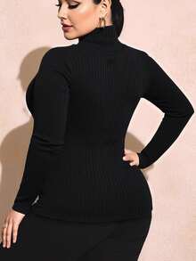 SHEIN SXY 大码女式休闲日常通勤简约纯色罗纹修身打底T恤，秋冬款 - 黑色 - 查看 2