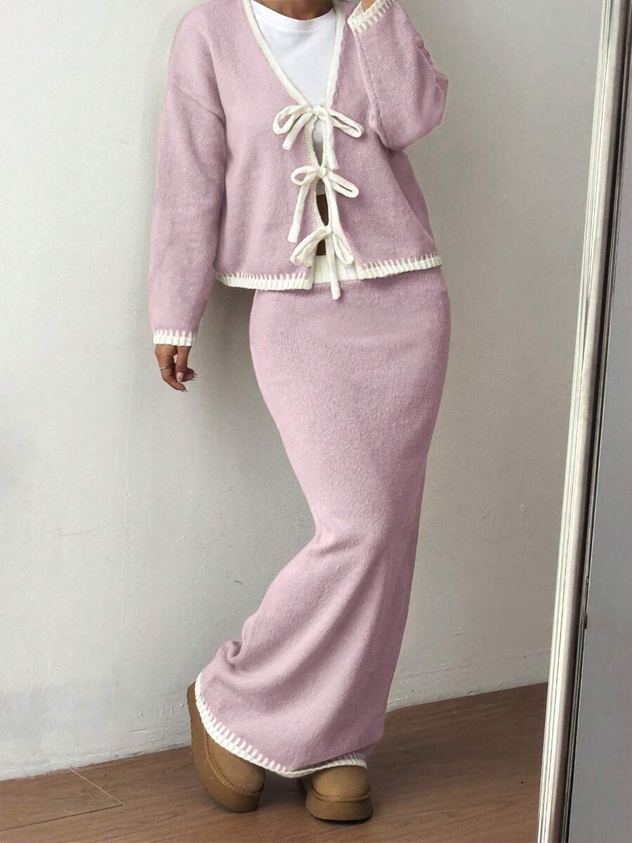 SHEIN Unity 2 piezas Conjunto básico de punto casual con tirantes de lazo degradado, Otoño/Invierno - Multicolor - Ver 1