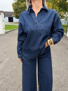 Jeta Ari 女式牛仔卫衣和裤子两件套，秋装 - 深色水洗藍 - 查看 3