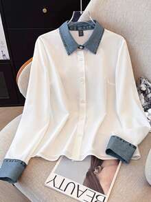 Selianne Women's Casual Patchwork Denim Effect Shirt, Autumn/Winter - White - View 3