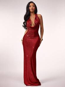 Radiana 这款女士优雅奢华性感迷人的黑金亮片垂褶露背修身长裙，适合舞会、情人节、音乐会、宴会、嘉年华、节日庆典、约会之夜、聚会、生日派对、单身派对、鸡尾酒会、正式活动、夜店等场合，完美展现曼妙身姿。 - 紅色 - 查看 1