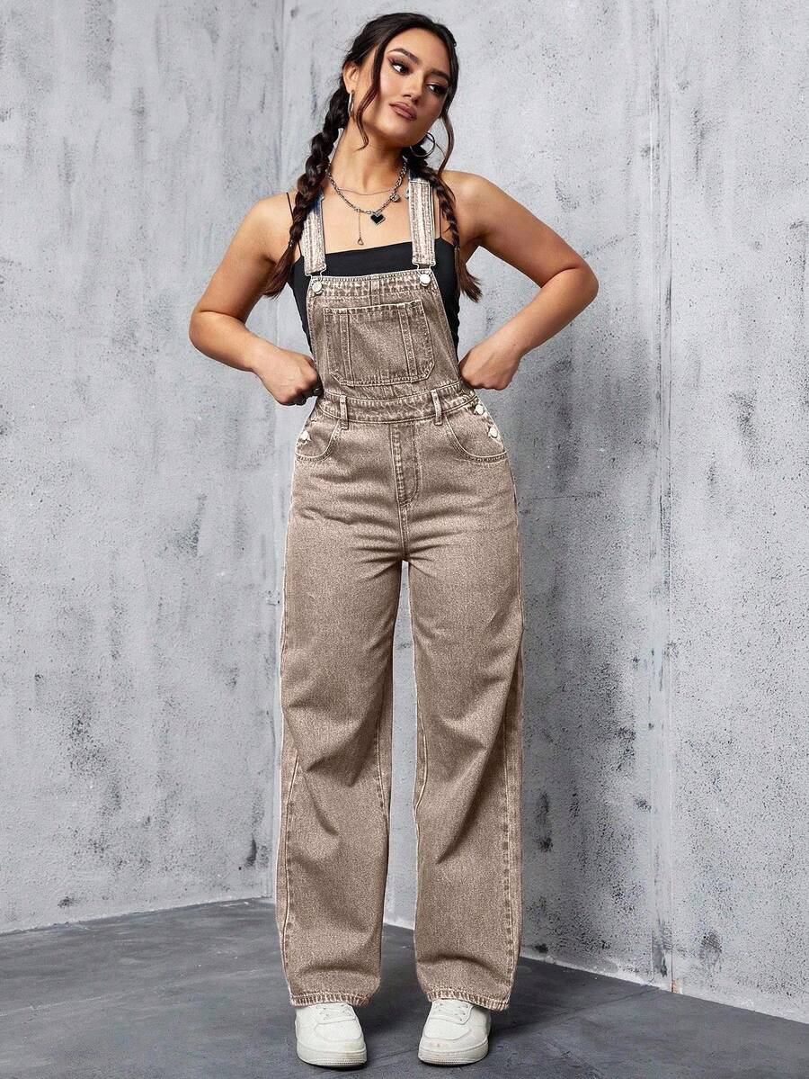 SHEIN EZwear Women's Summer Casual Slant Pocket Straight Leg Denim Bib Pants - Khaki - View 1