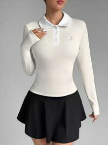 Dewbera Women's Contrast Collar Fitted Long Sleeve Sports Polo Shirt Women's Golf Top Blouse Gym Tennis For Women Golf Tennis - Apricot - View 5