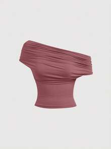 SHEIN MOD Canotta elegante da donna con collo a canottiera, plissettata e aderente, di colore unito - Rosa antico - Visualizzare 4