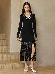 Arave Women's Slim Fit V-Neck Beaded And Rhinestone Button Tassel Design, Elegant Sleeveless Vest Sweater Dress, Perfect For Dates,   Parties, Or Black Parties. - Black - View 2