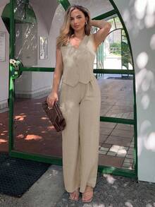 Jeta Ari 女士纯色单排扣背心和裤子休闲宽松两件套 - 卡其色 - 查看 5