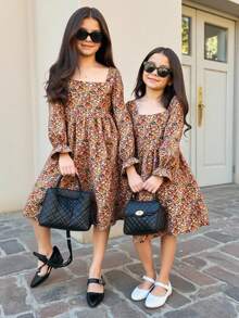 SHEIN 少女碎花长袖束腰连衣裙，泡泡袖设计可爱，时尚百搭，秋冬 - 彩色 - 查看 3