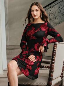 Anewsta Elegant Flare Sleeve Mesh Lace-Up Embroidered Short Dress, Suitable For Wedding Events, Fall - Burgundy - View 5