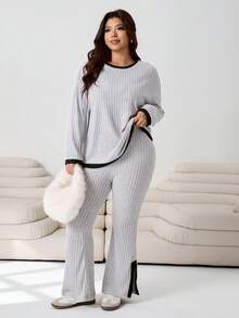 Solflare 2pcs/Set Plus Size Contrast Color Trim Ribbed Knit Round Neck Long Sleeve Top And Slit Leg Long Pants,Winter Clothes For Women - Multicolor - View 5