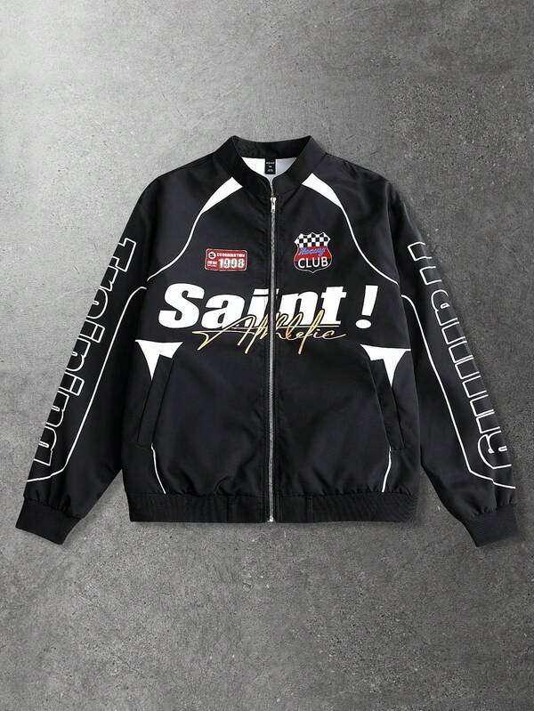 ROMWE MEN Street Life Chaqueta casual de motocicleta de carreras americana para otoño/invierno, unisex