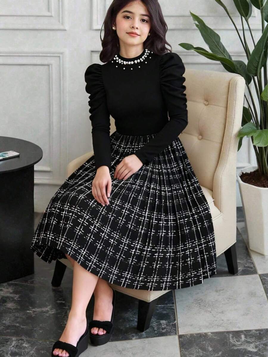 SHEIN 少女优雅休闲针织立领连衣裙，仿珍珠泡泡袖，腰带，秋冬 - 黑與白 - 查看 1